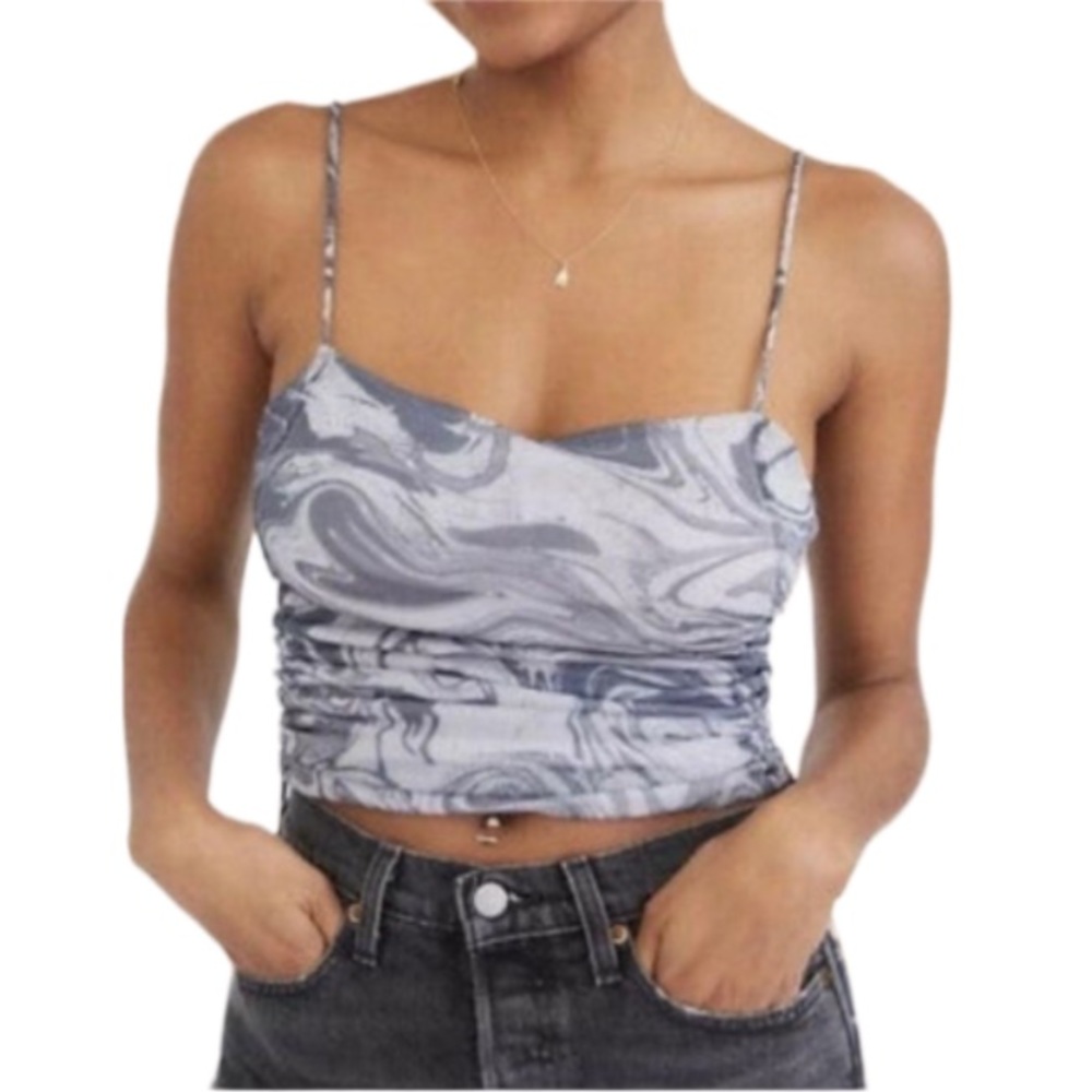 NWT Urban Outfitters Tasmin Mesh Grey Psychedelic Ruched Cropped Cami Top Size S - Picture 1 of 6
